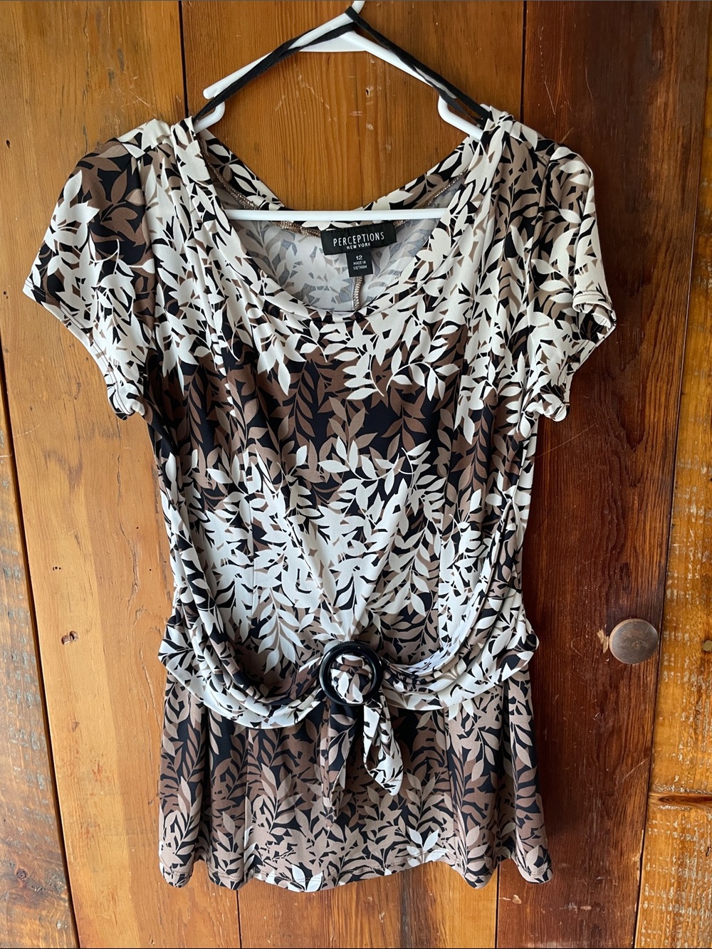 Perceptions Black, Brown & Cream Leaf Tie-Front Top